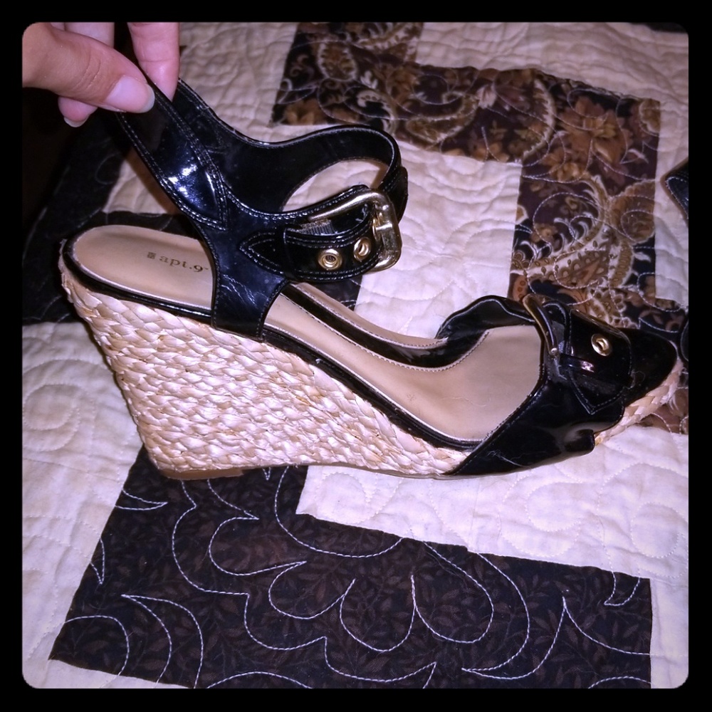 Black wedges with gold buckle